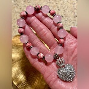 Rose Quartz and Silver Heart Charm Bracelet